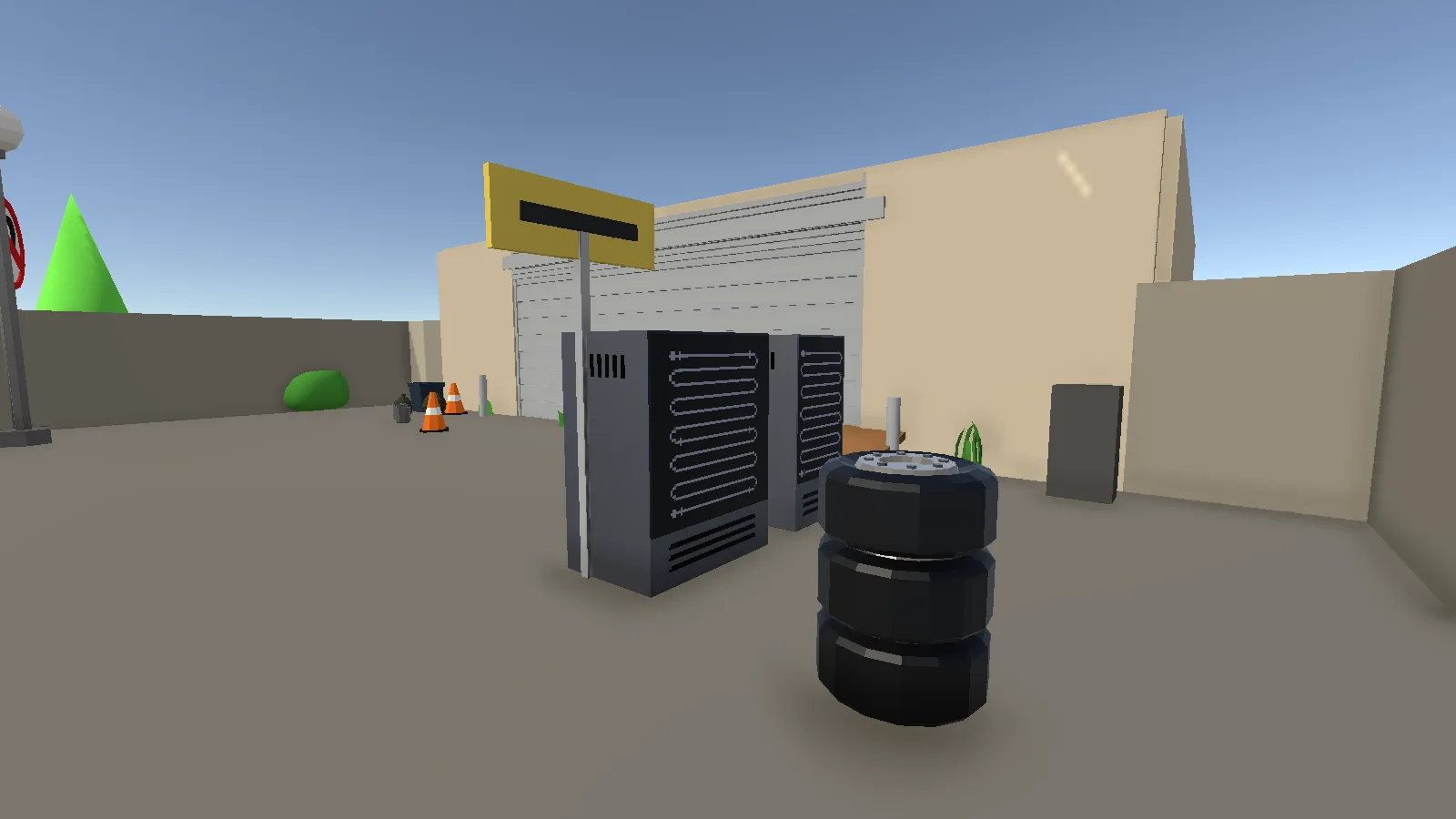 The driveway outside the garage with vending machines