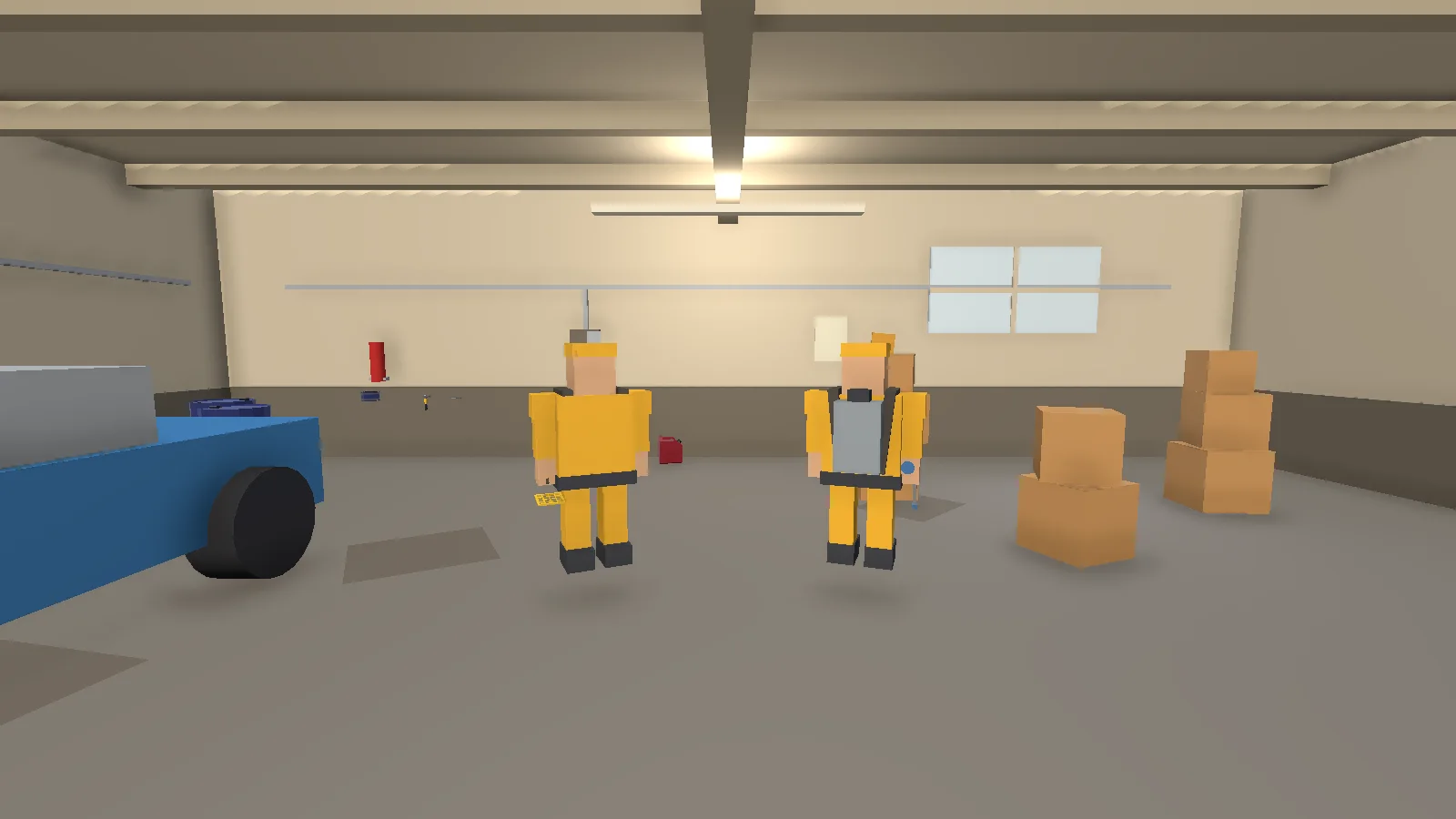 Two exterminators in yellow suits with backpack tanks