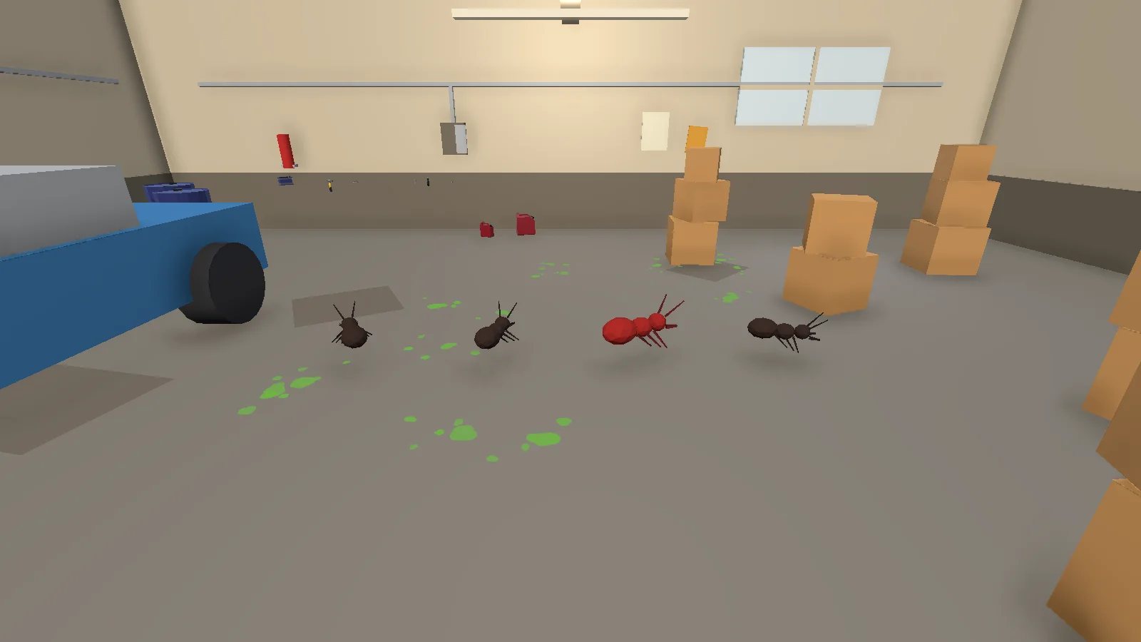 Ants of several sizes and green floor stains